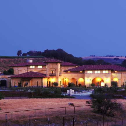 A grand mansion featuring an expansive pool surrounded by a decorative fence.